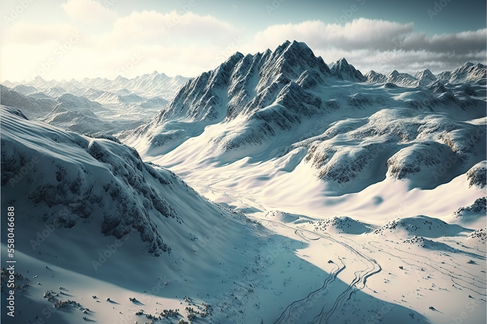 Poster a snowy mountain range with a road running through it and a sky background with clouds in the sky an