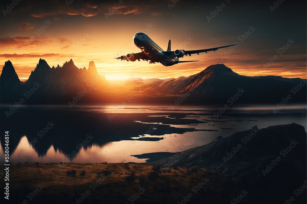 Poster an airplane flying over a mountain range at sunset with a reflection in the water and a mountain ran
