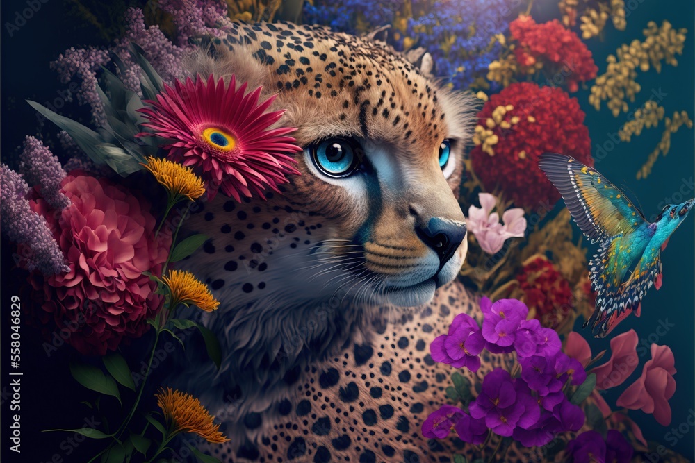 Poster a cheetah surrounded by a vibrant array of flowers and a bird perched on its head the colors of the 