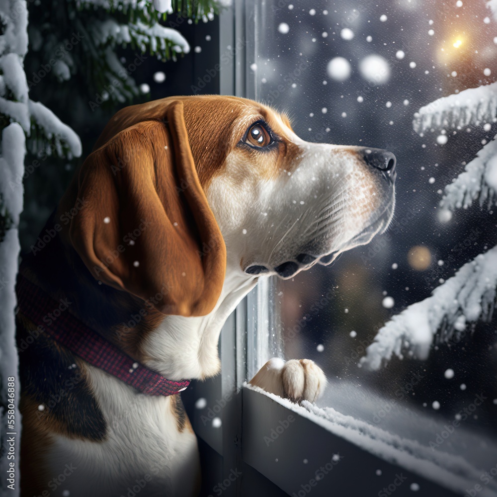 Aufkleber a dog looking out of a window at a snowy scene with a christmas tree and a lite - up tree in the bac