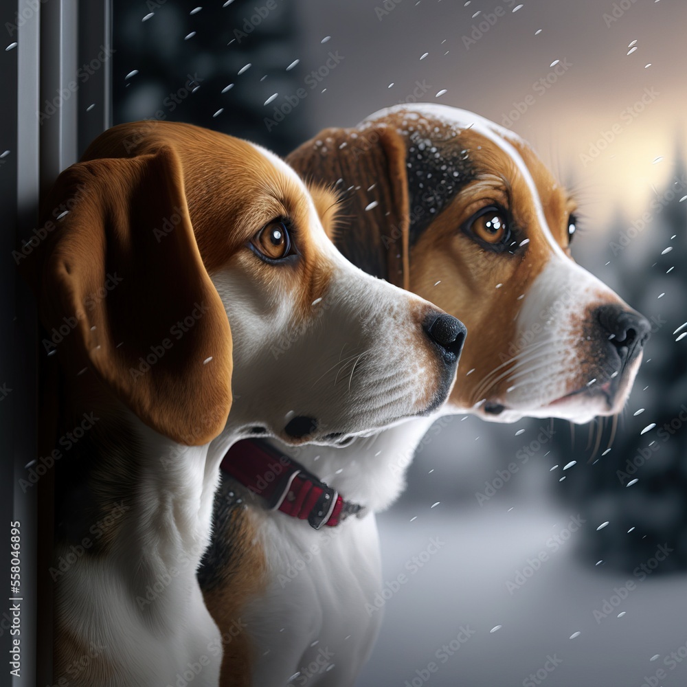 Poster a dog looking out of a window in the snow with snow falling all around him and a dog looking out the