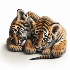 Obraz premium two baby tiger cubs cuddle together on a white background with their paws on their head and paws on their paws, as if they were lying down, they are cuddled together,.