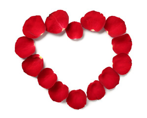 Heart made of rose petals on white background. Valentine's Day celebration