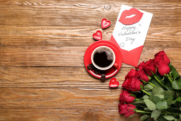 Letter with text HAPPY VALENTINE'S DAY, roses, cup of coffee and candies on wooden background