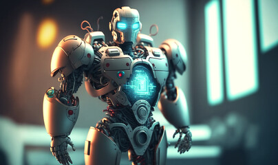 Obraz na płótnie Canvas Closeup or detail shot of an advanced humanoid robot in the lab. Blur background. Generative AI.