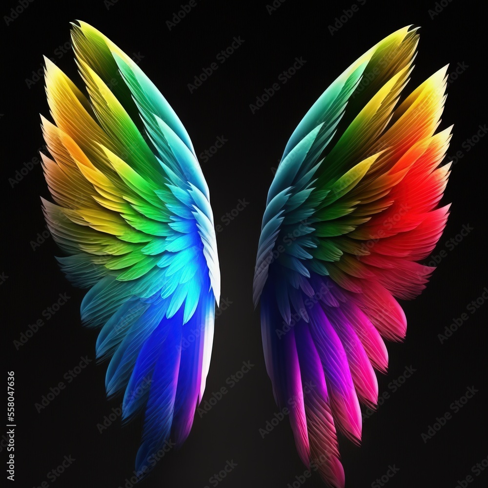 Poster a rainbow colored wing of a bird on a black background with a black background and a black backgroun