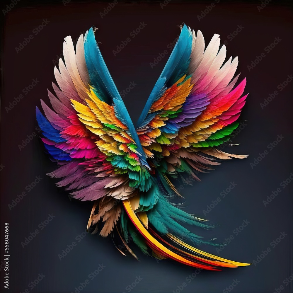 Poster a colorful bird that is flying through the air with its wings spread out and spread out, with a blac