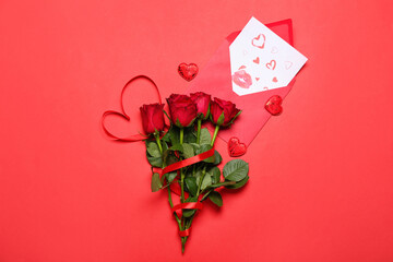 Roses, hearts and letter with lipstick kisses on red background. Valentine's Day celebration