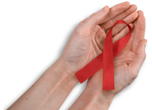 Red Ribbon in Woman's Hands, Heart, Stroke Aids Awareness Concept, Isolated