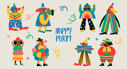Purim holiday banner design with cute carnival clowns. Childish print for greeting cards, posters, invitations and stickers.