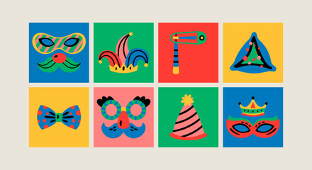 Purim holiday cute carnival costume masks and elements set. Childish print for greeting cards, posters, invitations and stickers.