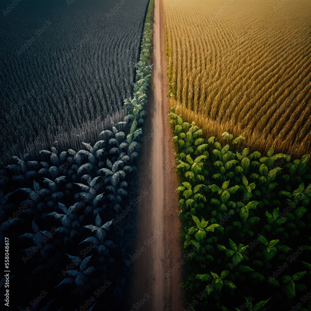 Poster two roads are shown in the middle of a field with trees and grass in the middle of the road, and a c