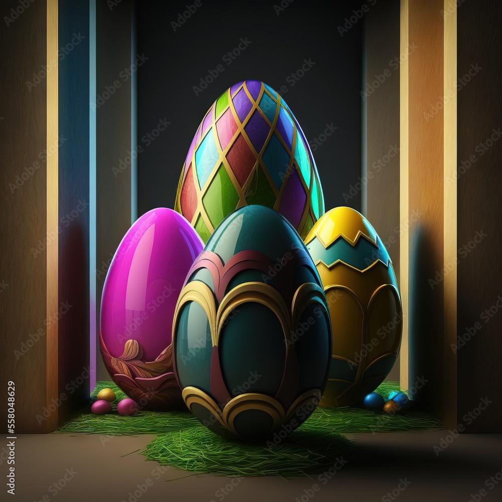 Poster a group of colorful eggs sitting on top of a green field of grass next to a doorway with a light shi
