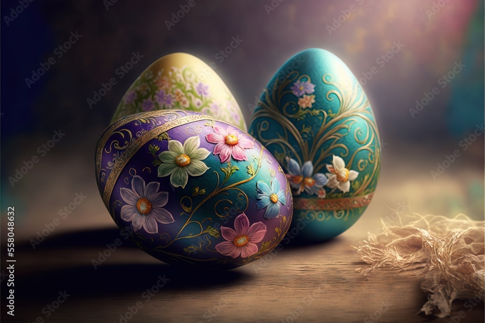 Poster two decorated eggs sitting on a table with a feather on the ground next to them and a nest in the mi