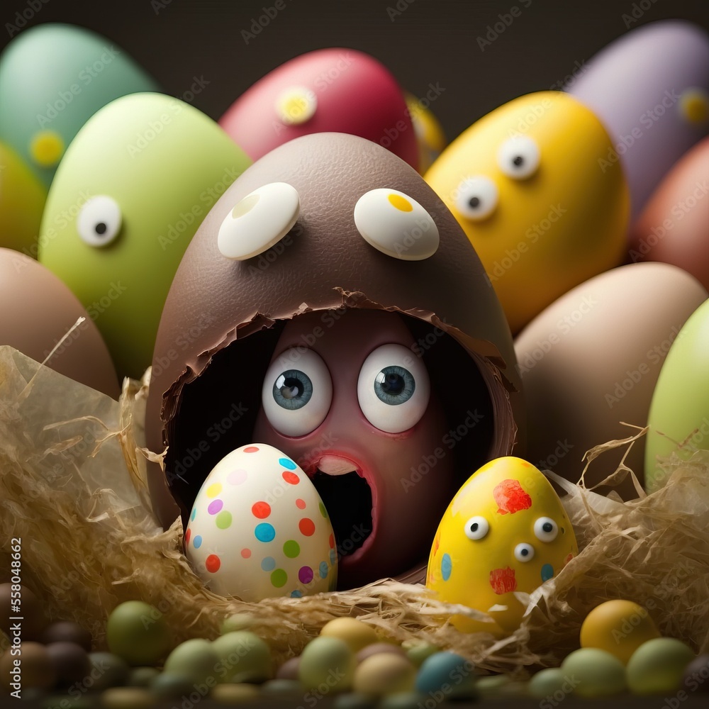 Aufkleber a group of eggs with faces and eyes in a nest with hay and eggs on the ground, with eyes drawn on th