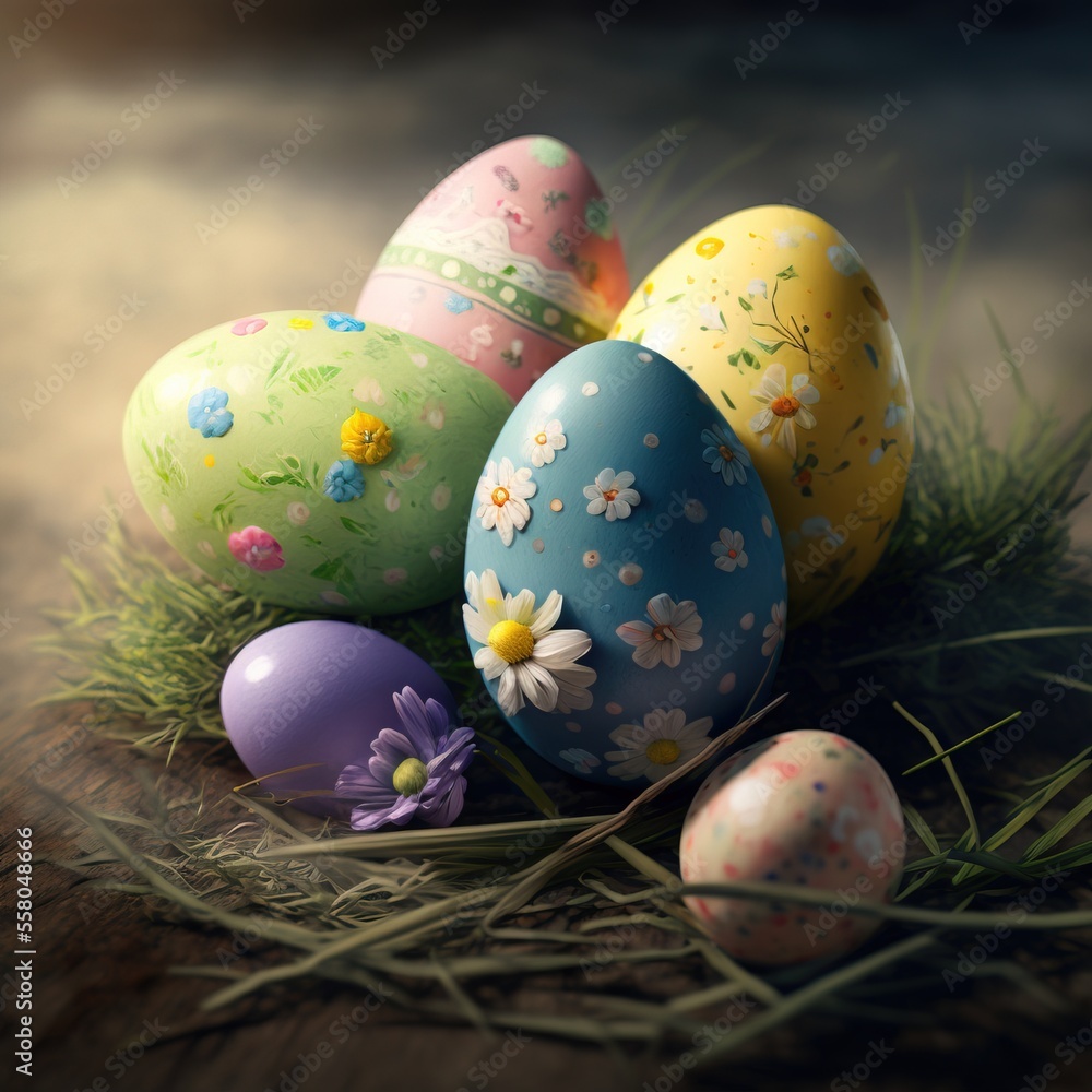 Aufkleber a bunch of colorful eggs sitting on top of a grass covered ground next to a flowered egg on top of a