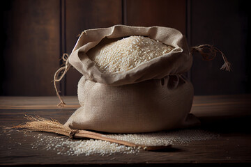 Raw white rice in burlap bag