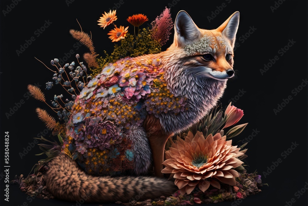 Poster a painting of a fox surrounded by flowers and plants on a black background with a black background a