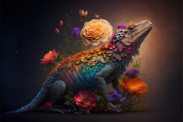 a colorful lizard with flowers on its head
