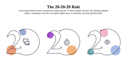 Infographic template of 20-20-20 rule for digital eye strain.