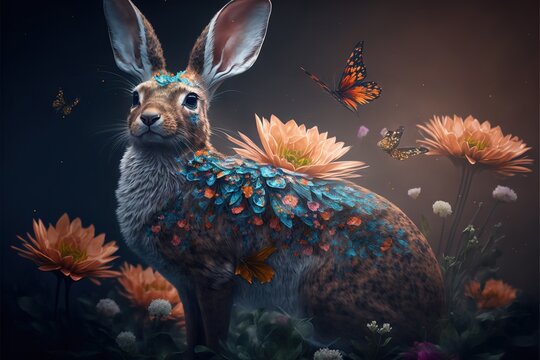  a painting of a rabbit with a butterfly on its back, surrounded by flowers and a butterfly on its back, with a dark background of butterflies and flowers and a butter Generative AI