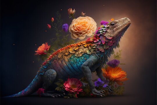  a colorful lizard with a flower on its back and a rose on its back, in the middle of the image is a dark background, with a dark background of flowers and a rose. Generative AI