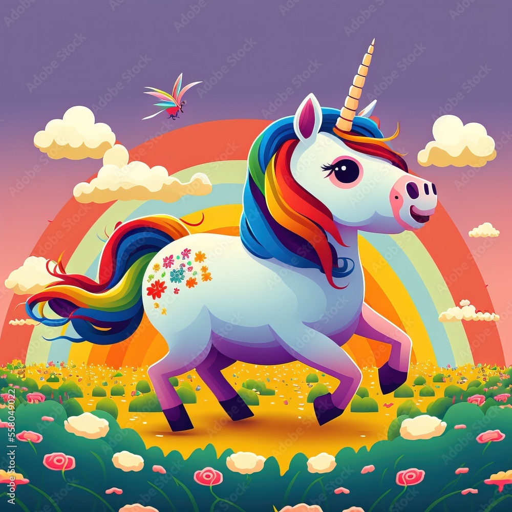 Poster a cartoon unicorn with a rainbow in the background and a bird in the sky above it, with a rainbow in
