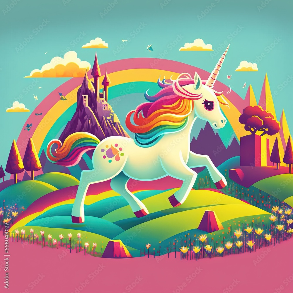 Poster a unicorn is running through a field with a castle in the background and a rainbow in the sky above 
