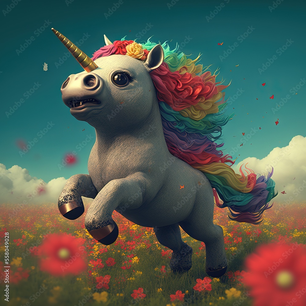 Poster a unicorn with a rainbow mane running through a field of flowers and flowers in the background is a 