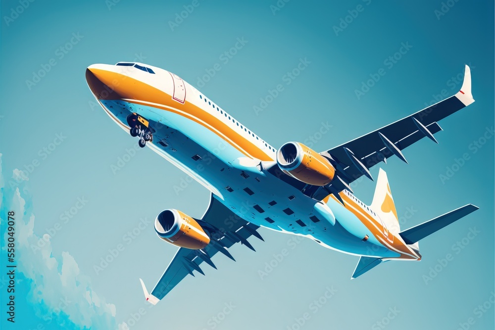 Poster an airplane is flying in the sky with a blue background and white clouds below it and a blue sky wit