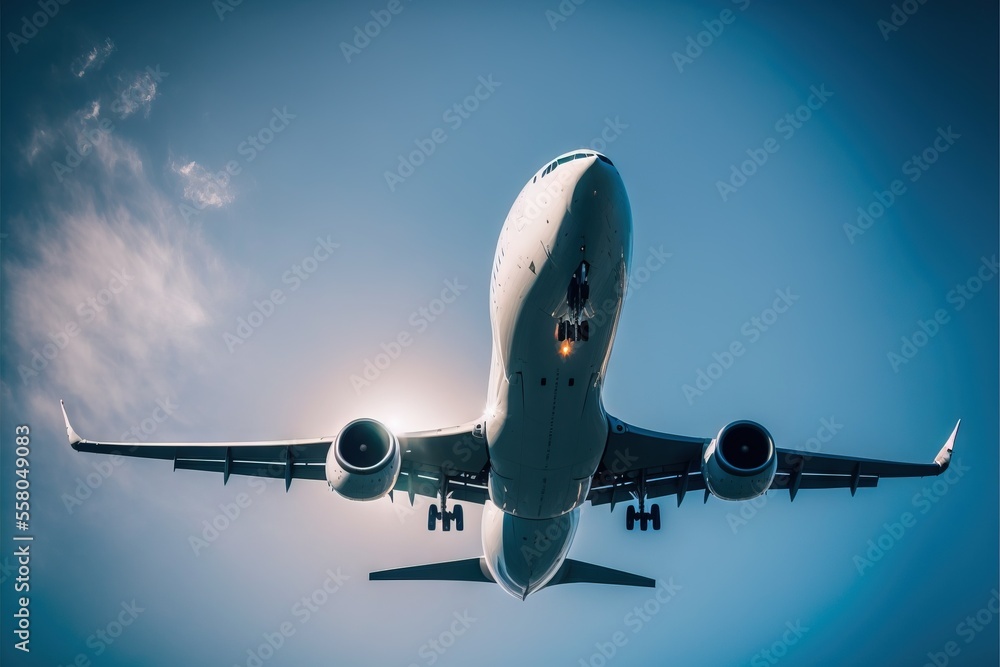 Poster a large jetliner flying through a blue sky with the sun shining through the clouds behind it and the