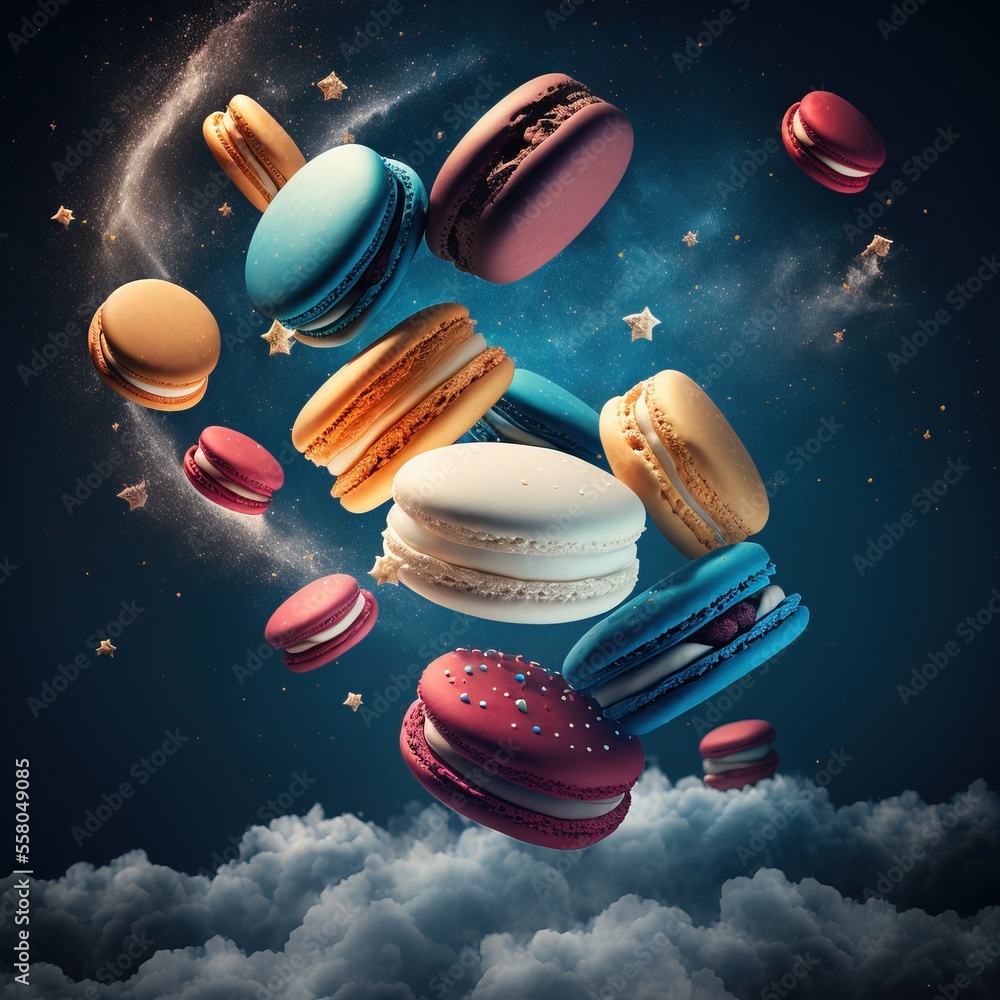 Aufkleber a group of macaroons flying through the air in the sky with stars and clouds around them and a cresc