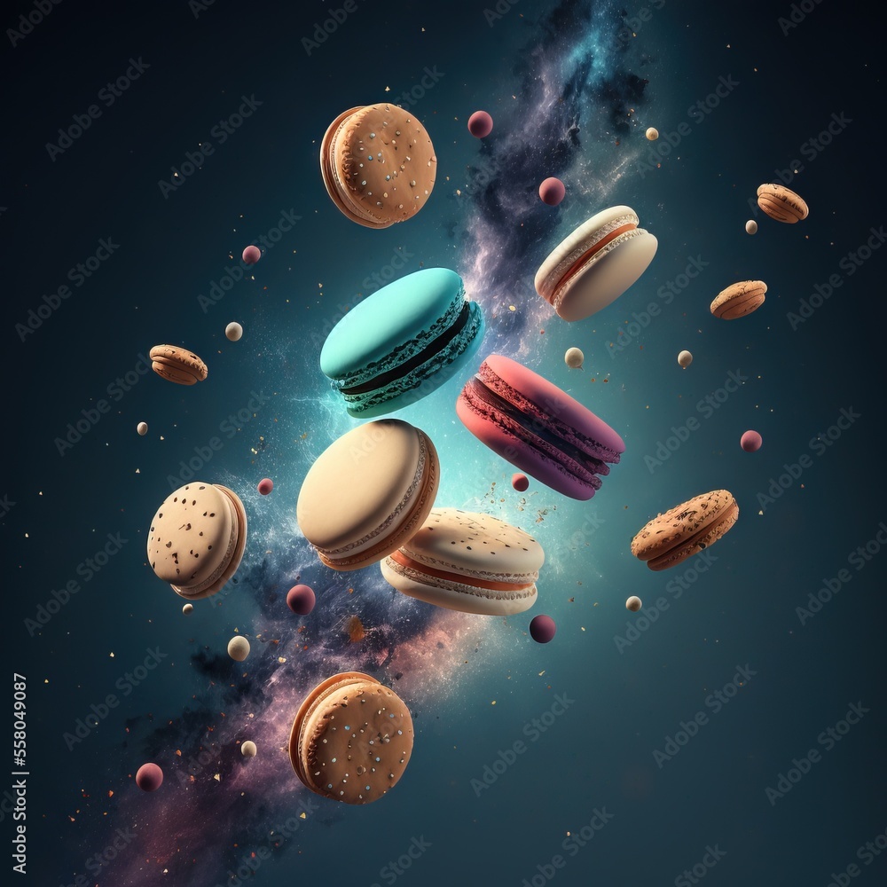 Poster a group of macarons flying through the air in front of a space background with stars and planets in 