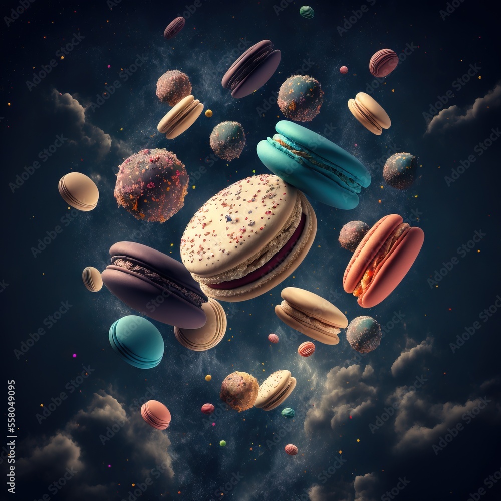 Aufkleber a bunch of different types of food flying through the air in the air with clouds and planets around 