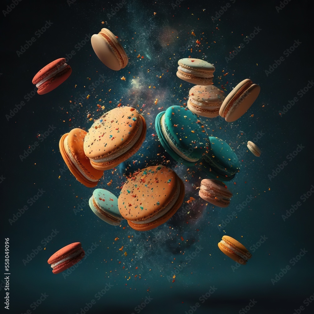Poster  a bunch of doughnuts that are flying in the air with space in the background and stars in the sky above them, and in the middle of the middle of the image is a se Generative AI