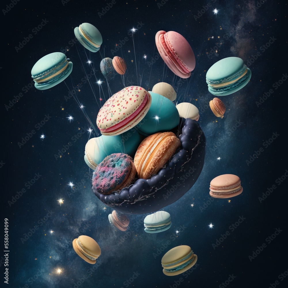 Aufkleber a bunch of doughnuts floating in the air with a bunch of stars in the background of the sky and a bu