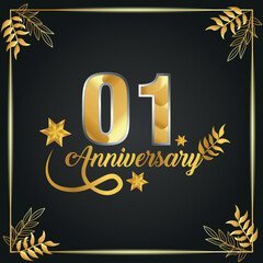 01 years old luxurious logo. anniversary year of vector gold colored template framed of palms.