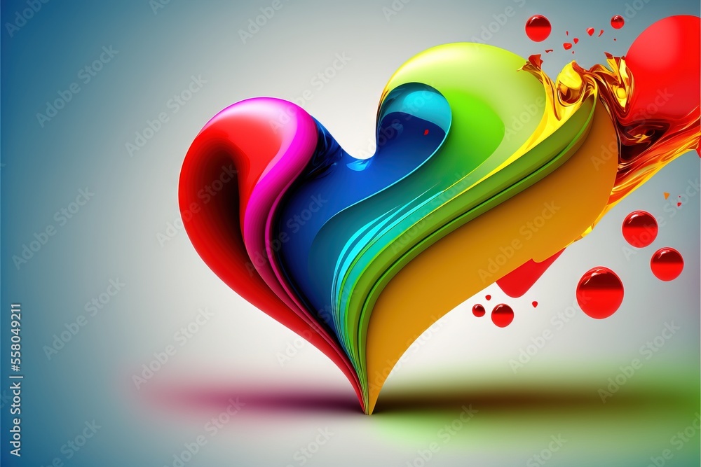 Poster a colorful heart shaped object with a splash of liquid on it's side and a blue background with a whi