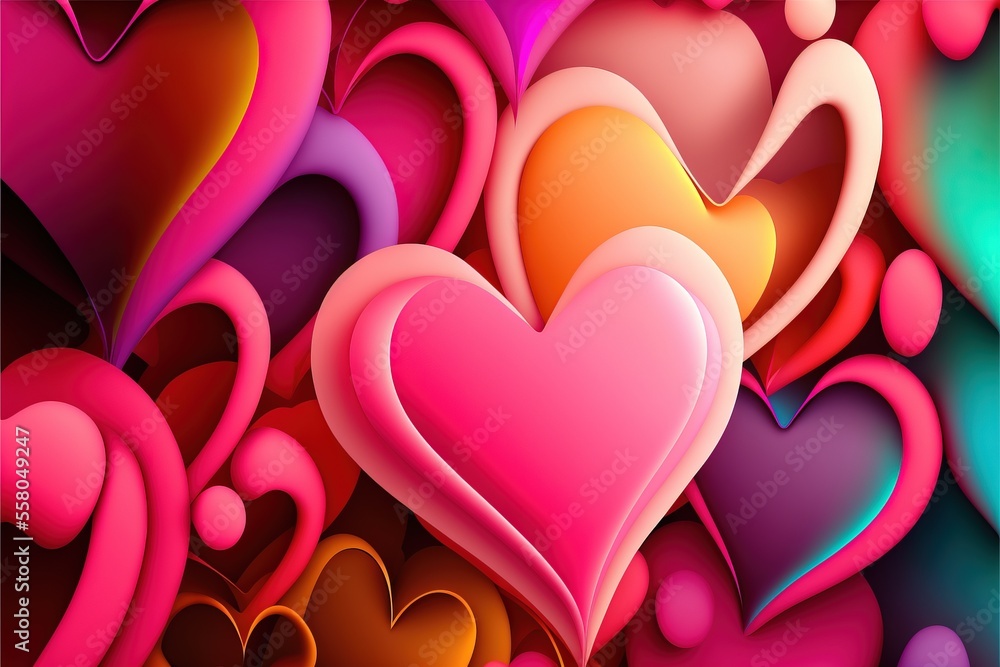 Poster a bunch of hearts that are all different colors and shapes in the shape of a heart on a multicolored