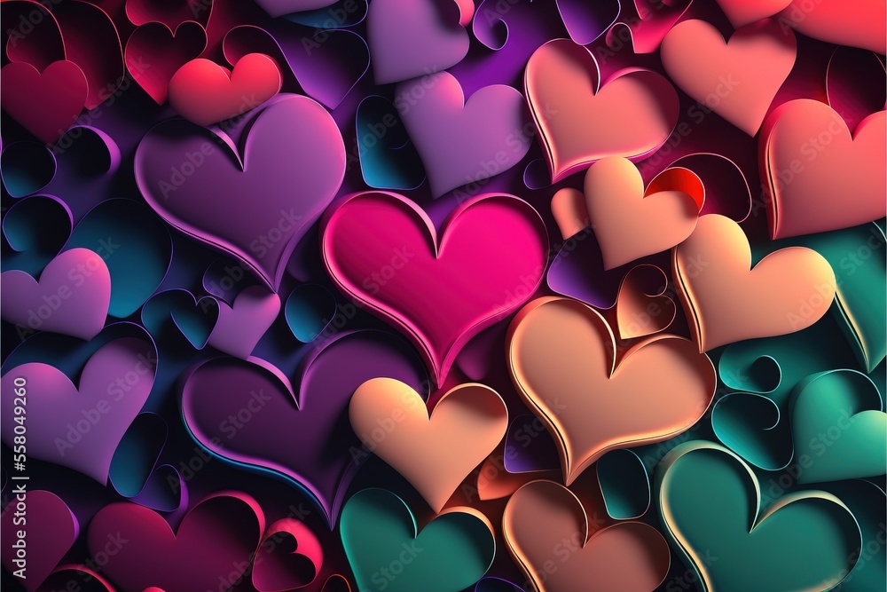Poster a bunch of hearts that are all different colors and sizes of hearts on a black background with a red
