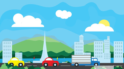 Urban landscape with modern buildings and mountains and hills. Street, highway with cars. city and suburban life background design concept. good organized layer suitable for motion graphic