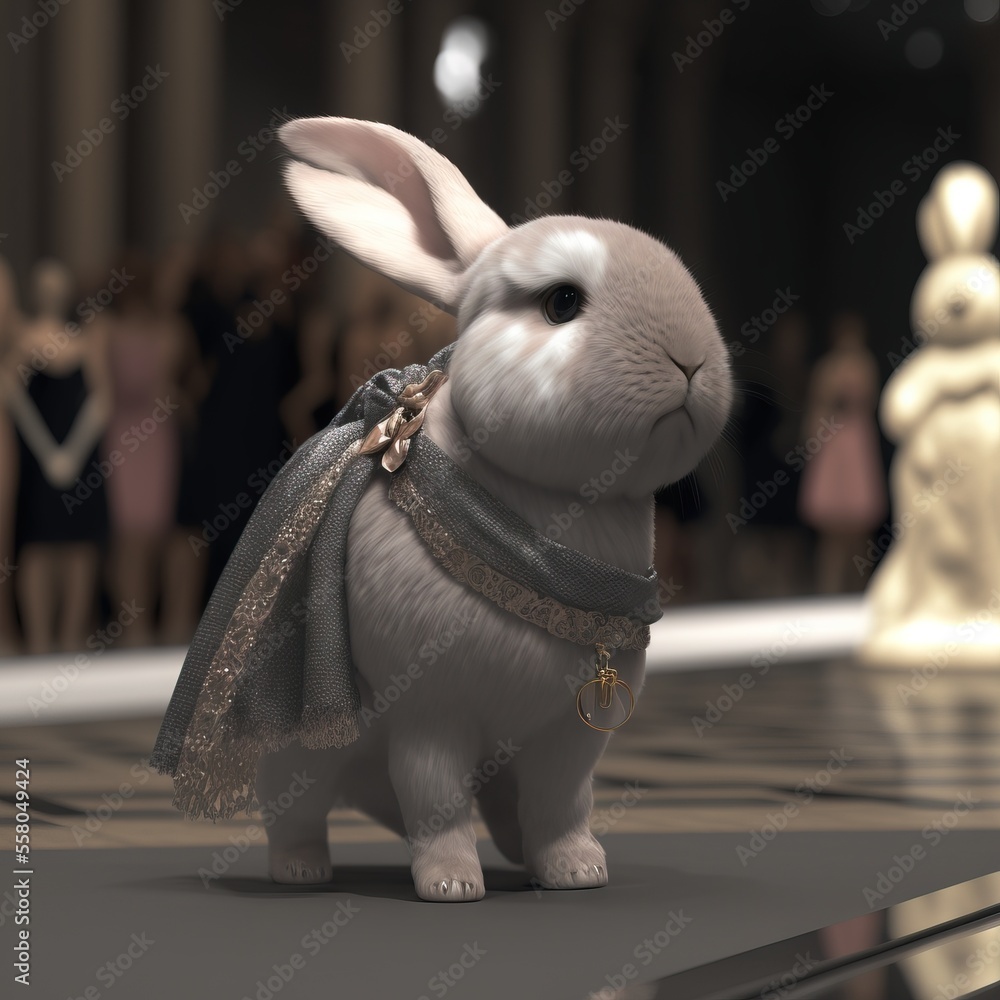 Poster a white rabbit with a scarf around it's neck standing on a black and white checkered floor in front 