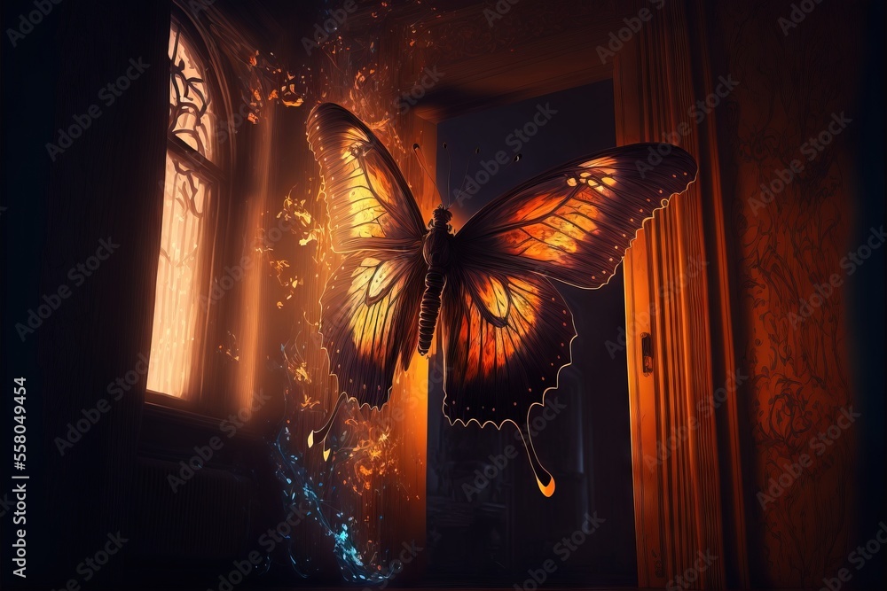 Aufkleber a large butterfly flying over a doorway next to a window with a light shining on it's wings and a wi