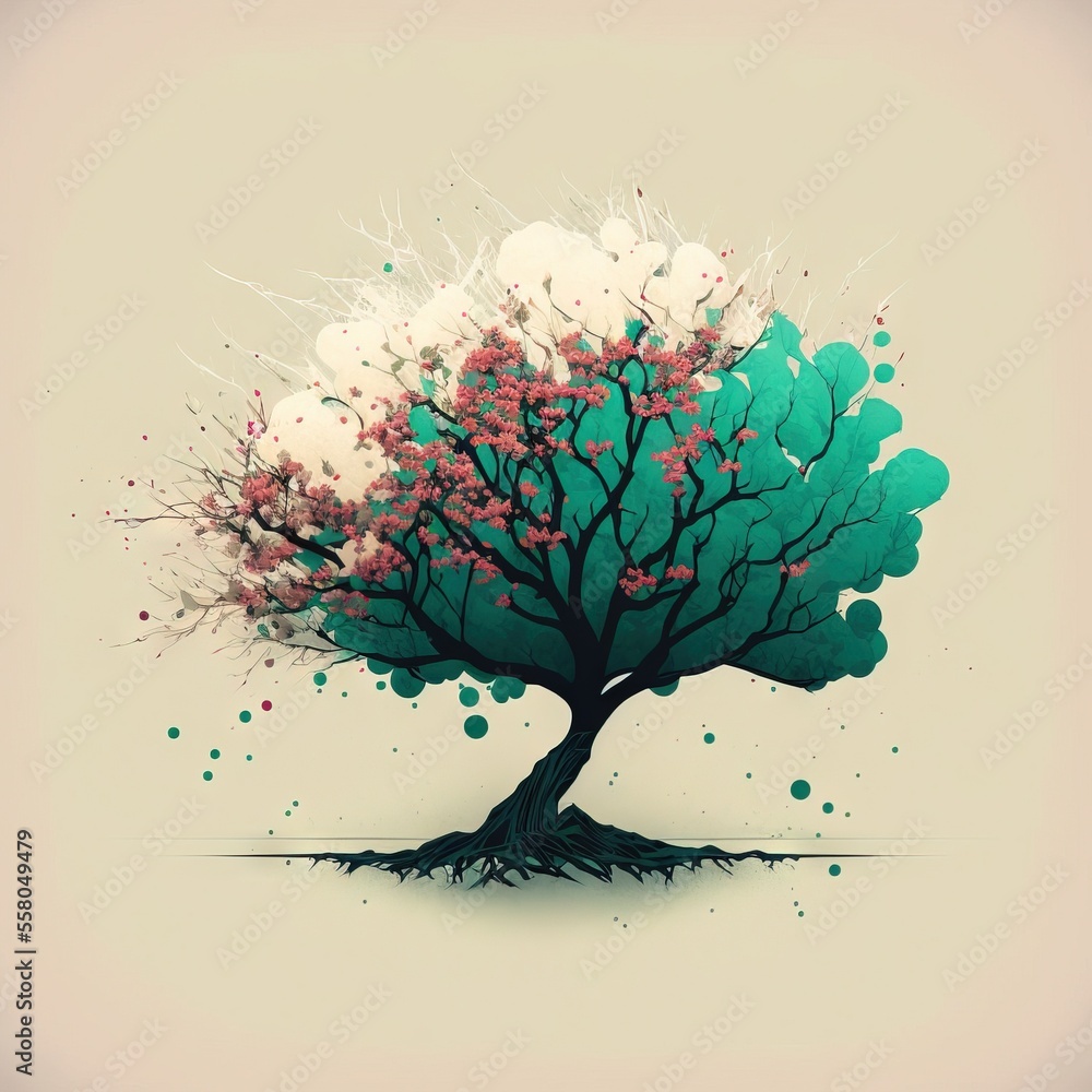 Poster a painting of a tree with red and green leaves on it's branches and a white cloud in the sky above i