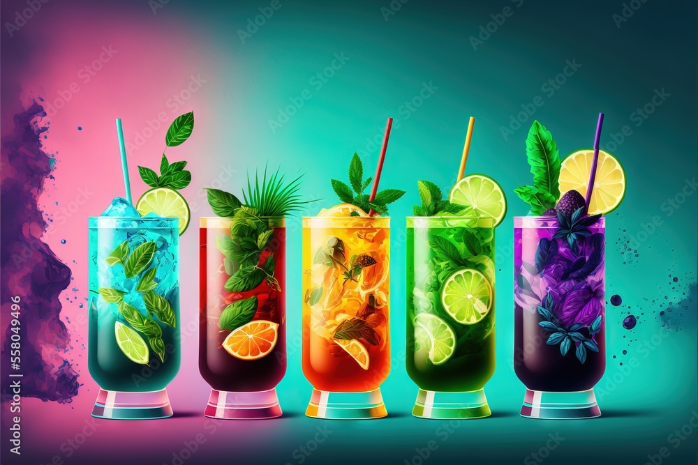 Poster a row of colorful cocktails with limes and limes in them on a blue and pink background with a splash