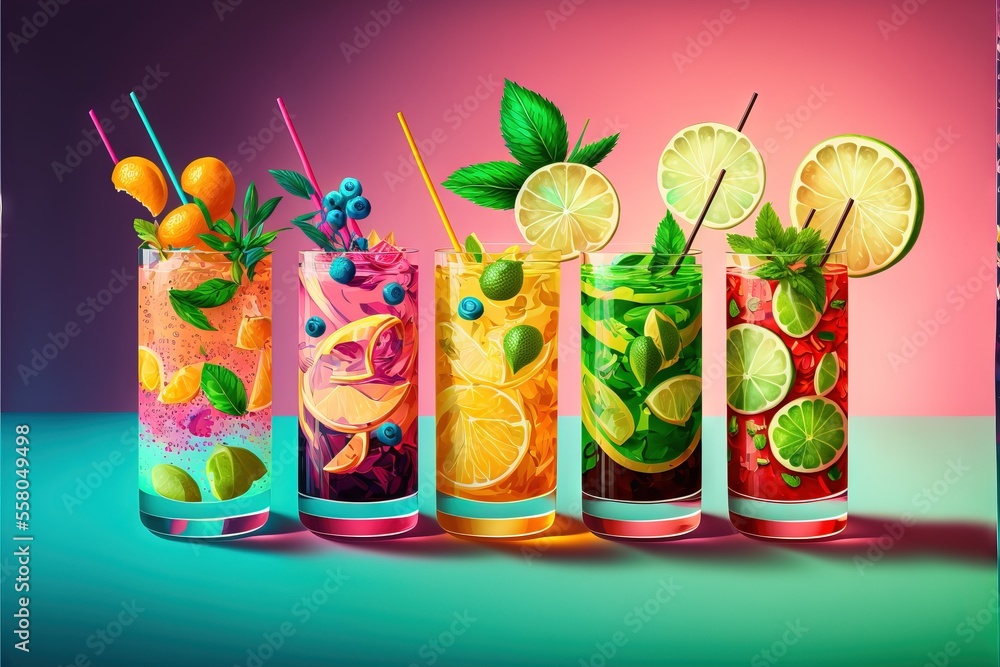 Poster a group of colorful cocktails sitting next to each other on top of a table with a pink and blue back