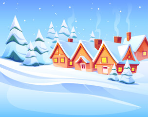Fototapeta na wymiar Winter landscape with snow, houses and forest. Nature scene of countryside with village cottages with chimney and smoke, fir trees and snowfall, vector cartoon illustration