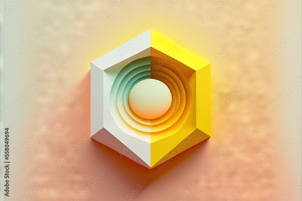 Poster a yellow and white object with a white ball in the center of it, on a beige background, with a light