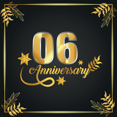 06 years old luxurious logo. anniversary year of vector gold colored template framed of palms.