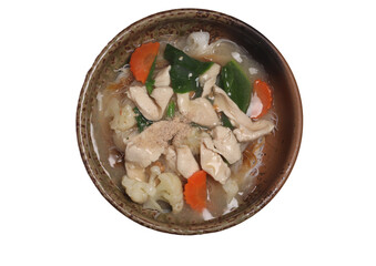 Gravy with Chicken and Rice Noodles on White Background